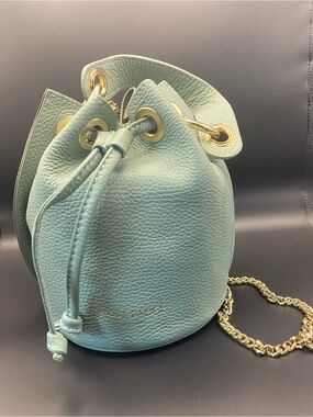 Anna Paola Mint Leather Drawstring Mini Bucket Bag with Gold Chain